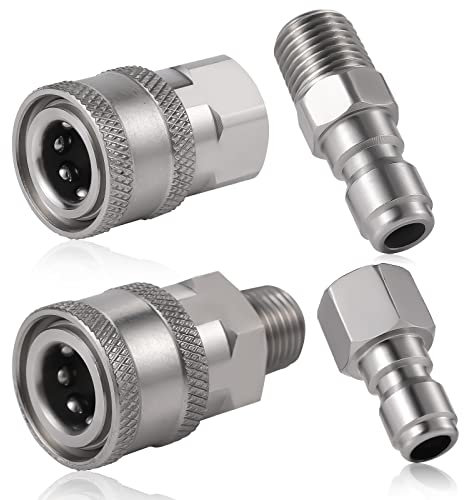 SAVITA 4pz Accoppiatore per Idropulitrice, NPT 1/4 di Pollice Acciaio Inossidabile Raccordi a Connessione Rapida Maschio Femmina Accessori per Idropulitrice con Filettatura Interna Esterna (Argento)
