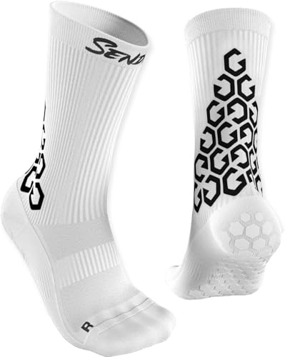 SENDA Gravity Pro Grip Socks with Non-Slip Technology, Soccer, Running, Basketball, Unisex, Crew Length, White, Medium (US Men 5-8, Women 6-9)