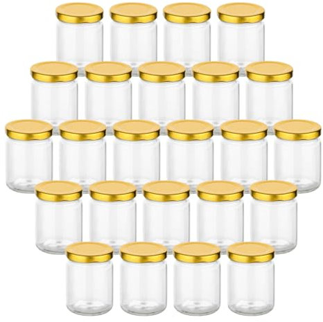 gouveo 24er Set Einmachgläser 100 ml rund mit Schraubdeckel goldfarben - Kleine Vorratsgläser mit Schraubverschluß - Schraubgläser zum Einkochen und Aufbewahren (EGR100G)