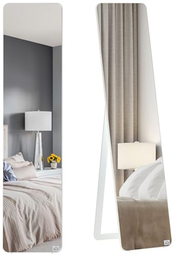 HOMCOM Espejo de Pie Cuerpo Entero Rectangular Espejo Pared con 2 Formas de Uso Marco de Madera de Pino Moderno para Pasillo Dormitorio Sala de Estar 37x43x156 cm Blanco