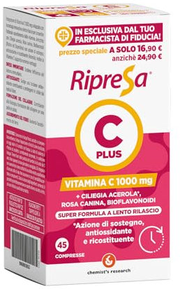 CHEMIST'S RESEARCH RIPRESA C PLUS | Integratore di Vitamina C arricchito con Ciliegia Acerola, Rosa Canina, Bioflavonoidi | Azione di Sostegno e Antiossidante | 24 Compresse Senza Glutine