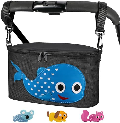Bello it Borsa per Passeggino o Carrozzina, Borsa porta oggetti universale， Design animali colorati, Leggera e Capiente con ganci e tracolla inclusi Tema: (Balena) colore : Nero