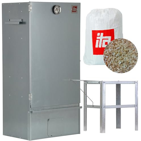 ITA Fumoir 7005 - Ensemble fumeur avec table - Armoire à fumer avec thermomètre - Acier inoxydable - Qualité UE, directement du fabricant - 81 cm avec 3 étages