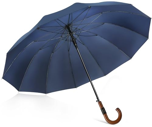 ZOMAKE Parapluie Canne 12 Côtes,120 cm Grand Parapluies Manche Bois,XXL Ombrelle Solide Tempete Résistant 2 Personnes,Umbrella Golf Automatique Homme Femme Avec étui en cuir PU décoré(Bleu Marine B)