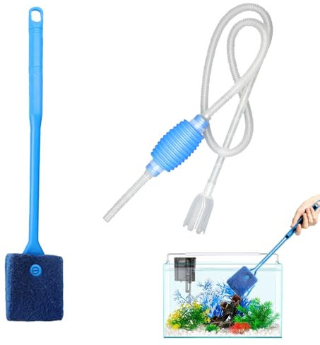 Aquarium Reinigungsset, Enthält 1 Fischtank Siphon mit Filter und 1 Blaue Aquarium Reinigungsbürste, Kiesreiniger mit Bürste und Hand-Siphonpumpe für Effiziente Aquarium Wartung