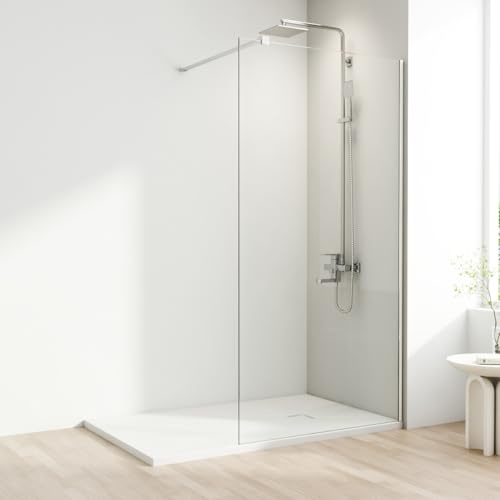 AQUARA Shower Screen, 1000 x 1900mm Chrome Finish Frameless Shower Screen with Support Bar – Reversible Left and Right. 8mm Easy to Clean Toughened Glass