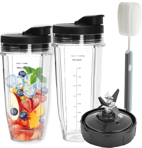 Blender Becher & 7 Flossen Zerkleinerungsklinge für Ninja Mixer, 24oz & 32oz Cups mit 2 Abdeckung,Bürste Ninja Mixer Ersatzteile mit Nutri Nija BL480/BL490/BL640/BL682/NN102/BL2012/CT641/BL688W -30