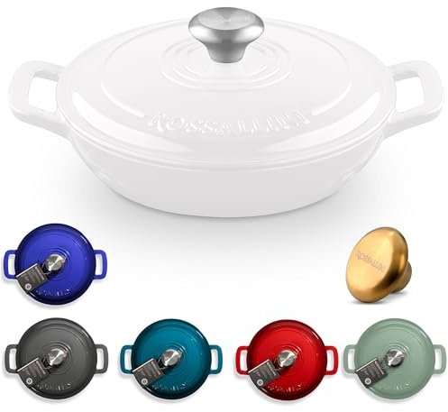 ROSSALLINI Signature Enameled Cast Iron Braiser, Non-Stick Serving Pot with Tight Fitting Lid for Perfect Roasting, Baking, Sauteing, Searing, and Pan Frying | 5Q (4.7L) - White