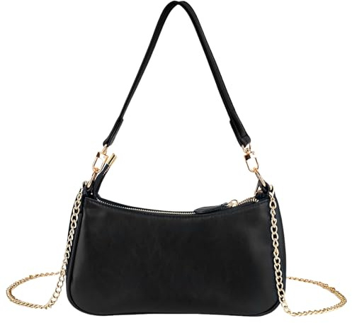SSKHE Sac à main avec chaîne, sac à bandoulière en cuir synthétique pour femme, petit sac à bandoulière avec fermeture éclair (Noir)