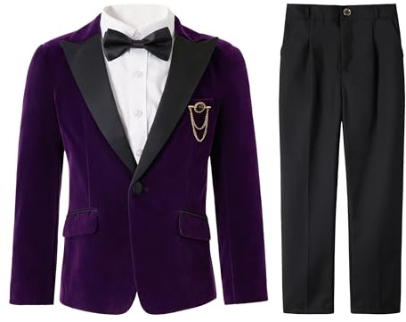 LOLANTA Traje de Esmoquin de Terciopelo para Niños, Traje Formal de Boda, Invierno, Juego Completo de 4 Piezas, Traje de Prom con Blazer, Pantalones, Camisa, Pajarita, Trajes de Esmoquin