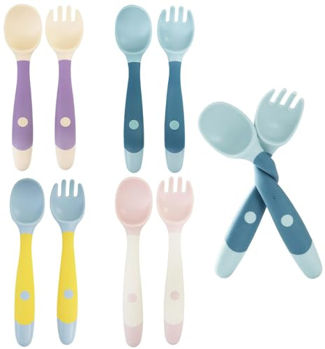 Qiblaou Cuillère Fourchette D'entraînement pour Nourrissons 8 Pieces Couverts d'apprentissage Flexibles Facile tenir résistant chaleur doux Sans BPA pour Bébés Plus de 6 Mois
