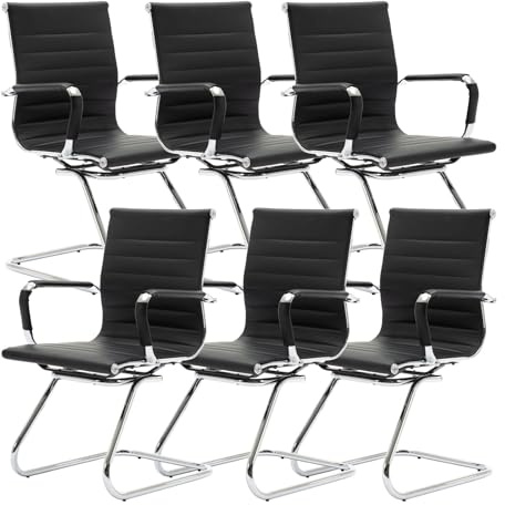 Ya-Home Konferenzstühle 6er Set aus Kunstleder Freischwinger Schwingstuhl mit Armlehne Moderner Besucherstuhl mit Chromgestell, 6 Stück, Schwarz