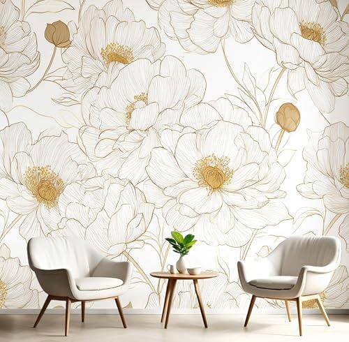 Decoración Mural Beige Flores De Peonía Papel Pintado Plantas Texturizadas 3D Murales Seda Material Para Fotográfico Tapiz Salón Dormitorio Cocina Decoración Del Hogar,450X300Cm