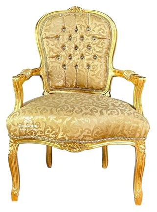 CasAmin Home & Living French Baroque Gold Armchair in Tufted Satin Fabric, Hand-Carved Solid Wood, Glossy Foil Finish