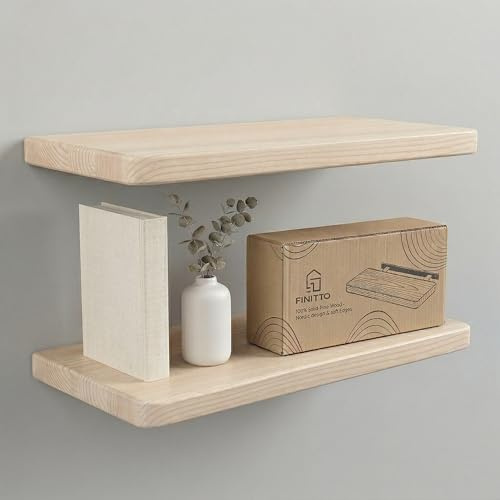 FINITTO 'Aura' Estanterías Flotantes Madera Maciza Pino | Pack 2 | Blanco Crudo o Negro Translúcido | Cantos Redondeados | Kit Pladur y Pared | 40cm / 58cm (Blanco, 40, 2)