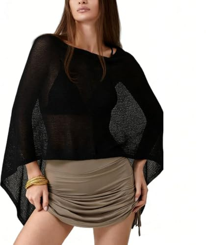 Nsywmzy Poncho Tops For Women Sheer Knitted Lightweight Loose Coverup Top Asymmetrical Cape Vacation Beach Clothing
