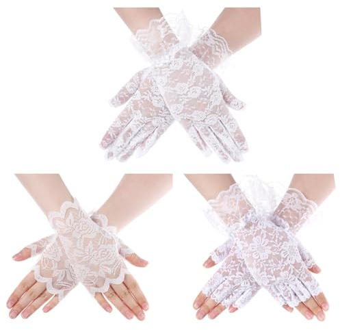 Tweruna 3 Pairs White Lace Gloves, Elegant Short Tea Party Gloves for Women | 3 Styles Lace Tea Glove for Wedding Bridal Holiday Party