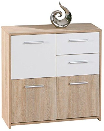 Inter Link – Kommode – Sideboard - Kommode mit 3 Türen und 2 Schubladen – 2 Farbig – Melaminbeschichtet – Sonoma Eiche Nachbildung und Weiß – BxTxH: 77x30x77 cm – Eboli