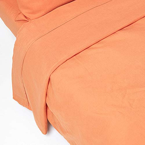 HOMESCAPES Leinen Betttuch ohne Gummizug orange 240x275 cm, Halbleinen Bettlaken aus 60% Leinen und 40% Baumwolle