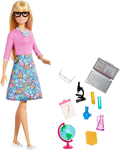 Barbie GJC23 - Lehrerin-Puppe (blond) mit zehn Zubehörteilen für den Unterricht, mit eim drehbaren Globus und aufklappbarerm Laptop, Spielset ab 3 Jahren