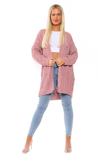 janisramone® Ladies Chunky Cardigans, Baggy Oversized Cable Knitted Cape Cardigan, Warm Longline Cardigans for Women UK Open Front Long Cardigan with Pockets, Women Winter Outwear Pink