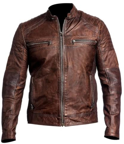 DECIMAL Men's Black & BROWN Genuine Lambskin Leather Biker Jacket VINTAGE REAL MOTORCYCLE JACKETS FOR MEN (L, DISTRESSED BROWN)