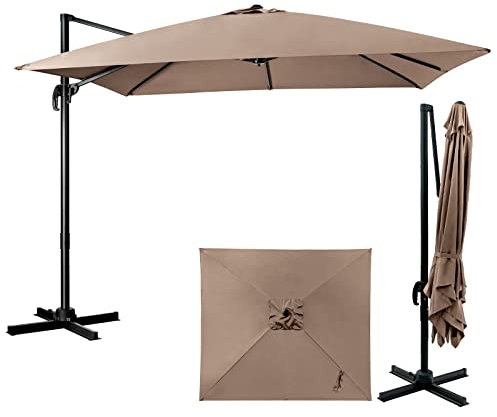 COSTWAY 2.5M/3M Cantilever Garden Parasol, Square Offset Banana Umbrella with 360° Rotation, Crank Handle & Base, 8-Rib Outdoor Hanging Sun Shade Canopy (3M, Coffee-no Lights & Sandbags)