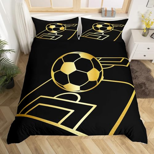 Homewish Football Duvet Cover Single, Sports Bedding 2 Pieces | Gold Black Football Game Quilt Cover 2 Piece, Bed Sets for Boys Girls Kids, Ball Sports Decor