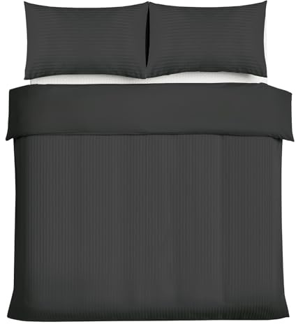 Good Nite Double Duvet Cover Sets Satin Stripe Brushed Microfiber Bedding Set 3 PCS with Pillowcases Ultra Soft with Corner Straps (Black, Double)