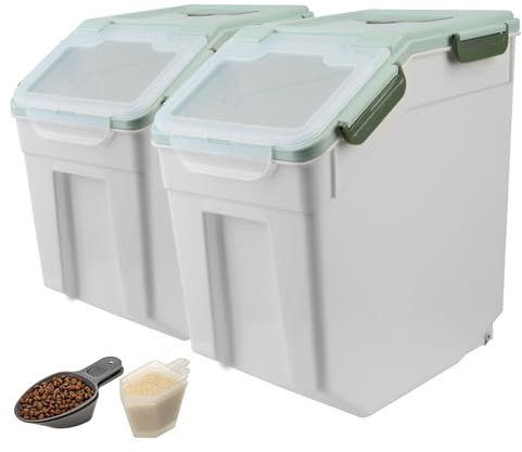 ANMOO Airtight Flour Storage Container Set of 2 20KG Rice Food Storage Bucket Dry Food Dispenser Large Grain Sealed Container With Wheels BPA-Free Storage Bins with Scoop（Green）