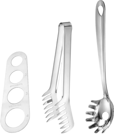 Sarini Juego de 3 Pinzas para Fideos Espaguetis de Acero Inoxidable,1 Pinza para Pasta + 1 Cuchara para Pasta + 1 Herramienta de medición de Pasta para Servir Pasta