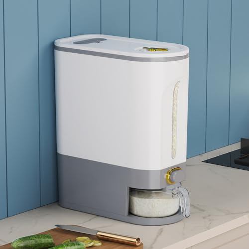 Lenwi 22 Lbs Rice Dispenser, Large Dry Food Storage Container with Scale Measuring Cup, BPA-Free Household for Kitchen Pantry Organization-Grey