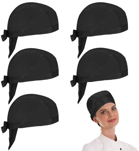 YUWJOOWEE 5 Piezas Negro Gorro De Cocinero Bandana - Sombrero De Cocina Gorro De Cocina Ajustable Gorro De Cocinero Sombrero Pirata De Algodón Poli Sombrero Para Unisex Cocina, Negro , L