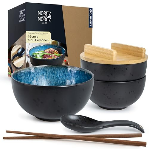 Moritz & Moritz Ceramic Ramen Bowls Set of 3 - Ø 15cm - 600ml / 20,3 Oz - Black & Blue - Includes Bamboo Lids, Spoons & 6X Chopsticks - Japanese Noodle Soup Bowls for Ramen, Pho, Udon, Salad