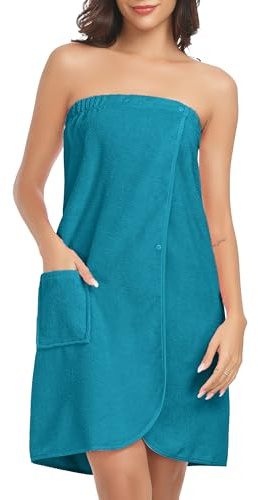 Lovasy Albornoz para Mujer Toalla de Envoltura de Spa Albornoces de Casa Mujer de Baño con Bolsillos, Botón de Presión y Banda Elástica Ajustable,Azul verde,L