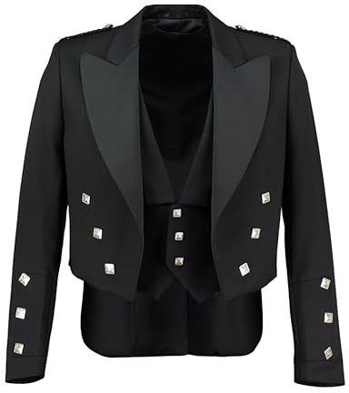 Veste classique Prince Charlie avec gilet à 3 boutons | Veste de kilt de mariage pour homme – Tenue formelle écossaise intemporelle pour homme, Noir , 54