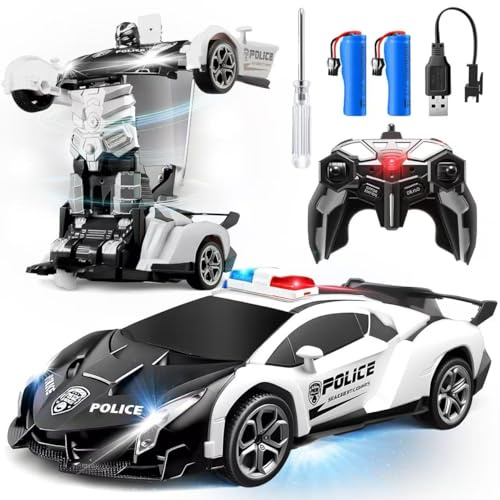 Gikimooy Transforming Remote Control Car, 2.4Ghz Transform Robot Toys for Boys 3-8 Years Old, 2 Rechargeable Batteries, RC Police Car with Lights, Deformation 360°Rotating Race Kids Toys Gifts