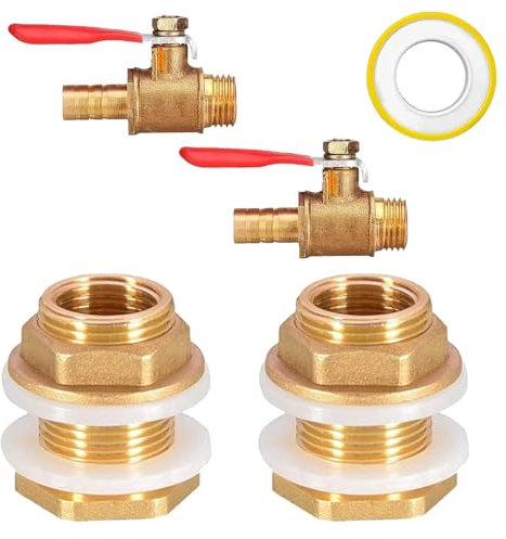 Jiavlyx 4 Stück Messing Tankverschraubung, 3/4 Zoll Außengewinde X 1/2 Zoll Innengewinde, Tankverschraubung Inklusive, Mit 2 Absperrventile, Für Wasserhähne,Wassertonnen,Wassertanks