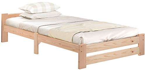 Cama de madera maciza 90x200 cm fabricada en pino natural, cama futón moderna con cabecero, cubrecolchón integrado, diseño sin arrugas para habitaciones pequeñas
