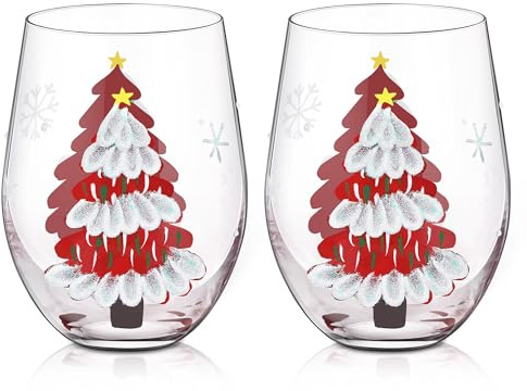 Joeyan Christmas Crystal Stemless Wine Glasses, Hand Painted Red White Wine Glass Tumbler Cup, Large Red Xmas Tree Snowflakes Decorations Patterned Drinking Glasses Glassware Gifts, 560ML, Set of 2