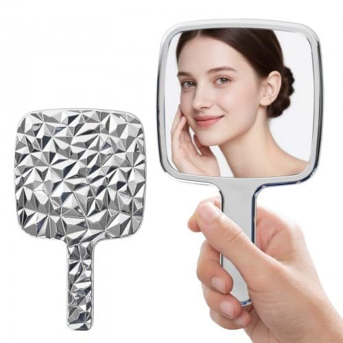 Specchio a Mano con Comoda Maniglia, Specchio con Manico, Specchio Cosmetico per Radersi o Applicare il Trucco, Specchio Portatile Professionale per Barbieri, Parrucchieri, Studi Dentistici (Argento)