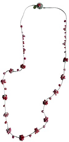 Collana artigianale fatta a mano, lavorata a mano all'uncinetto a pallina, con filato Lurex oro e cristalli vetro Boemia rossi, chiusura con bottone cristallo rosso - Idea regalo donna. Pezzo unico.