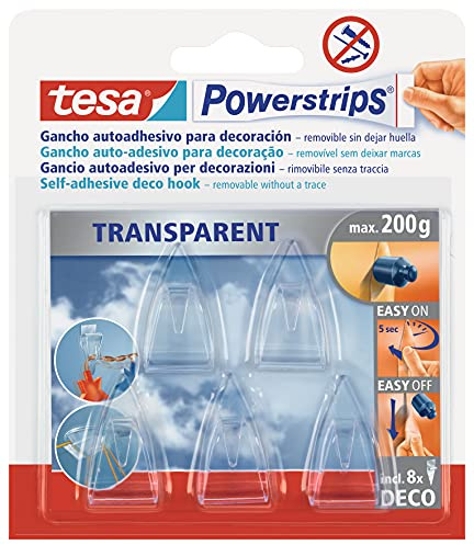 Tesa 58900-00014-01 Powerstrips und Haken für Dekorationen, 5 transparente Haken, 8 doppelseitige Klebestreifen, entfernbar