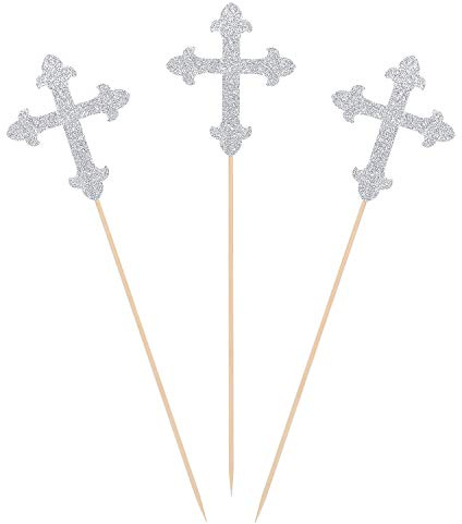 Silver Glitter Cross Centerpiece Sticks for Baptism Christening Party Decorations - Set of 10