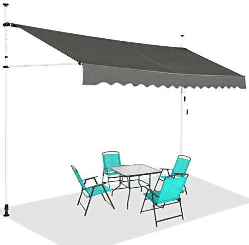 GOPLUS Toldo Retráctil Manual, Toldo Enrollable Impermeable con Manivela, Altura Ajustable 2-3M, Toldos Exterior Terraza Balcón Jardín (Gris, 4 m)