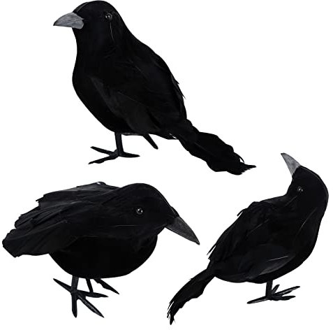 3 Pack Halloween Crows Artificial Feathered Crows Realistic Raven Birds Decorations Animal Ornament Spooky Black Feather Crow Bird for Halloween Party Prop Indoor Outdoor Home Garden Decoration Model