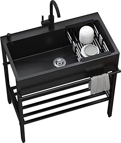 Spuelbecken Edelstahl Schwarz,Freistehende Küchenspüle Spültisch 1 Becken,Spüle Moderne Küchenzeile,Waschtisch Mit Wasserhahn-Ablaufset,Waschbecken Für Außen Innen Bad Gäste WC Küche ( Size : 90*45*86