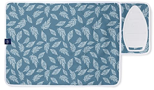Encasa XO Ironing Mat/Pad (Small 28x20) with 3mm Padding & Silicone Iron Rest for Steam Pressing on Tabletop or Bed - Heat Resistant, Portable, Quilting & Travel Blanket - Big Leaves Blue