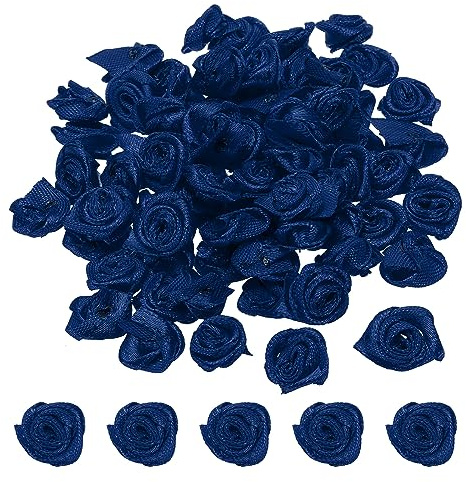 PATIKIL 1,5cm Mini Raso Nastro Rose, 50pz Piccoli Tessuto Fiori Abbellimenti Rosoni Applique per Fai-da-te Artigianato e Matrimonio, Blu marino Blu