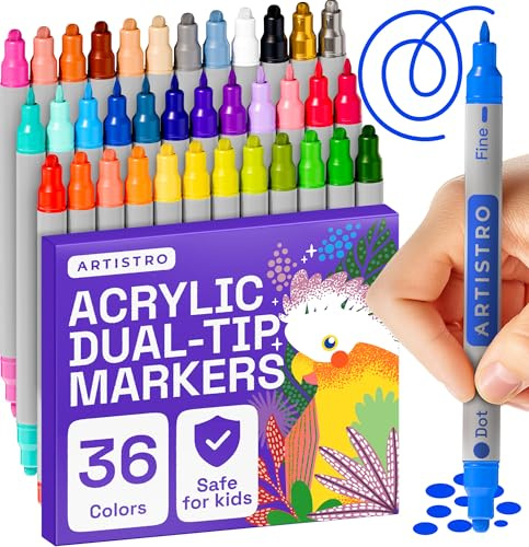 Artistro 36 Acrylstifte für Stein, Stoff, Holz, Glas, Dekoration – Dual Tip (Dot & Fein) Acrylmarker für Malbücher für Erwachsene, Teenager und Kinder – Bastel- & Kunstbedarf Set – Tolles Geschenk